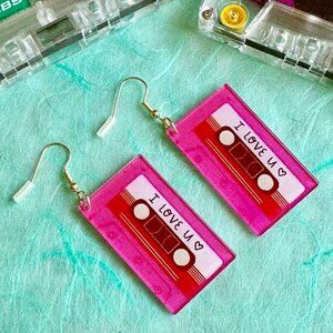 New Retro 80s 90s Style Pink Acrylic Cassette Love Mix Tape Earrings - 2.75”